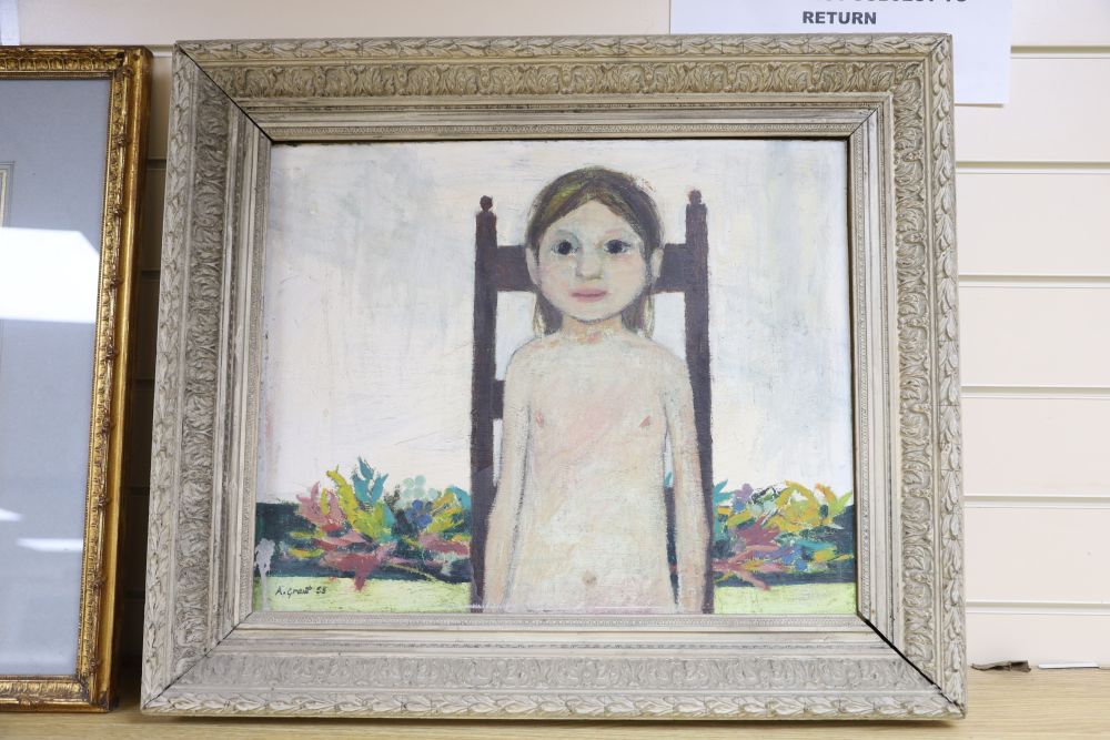 Alistair Grant (1925-1997), oil on board, Child on a chair, signed and dated 53, 40 x 50cm